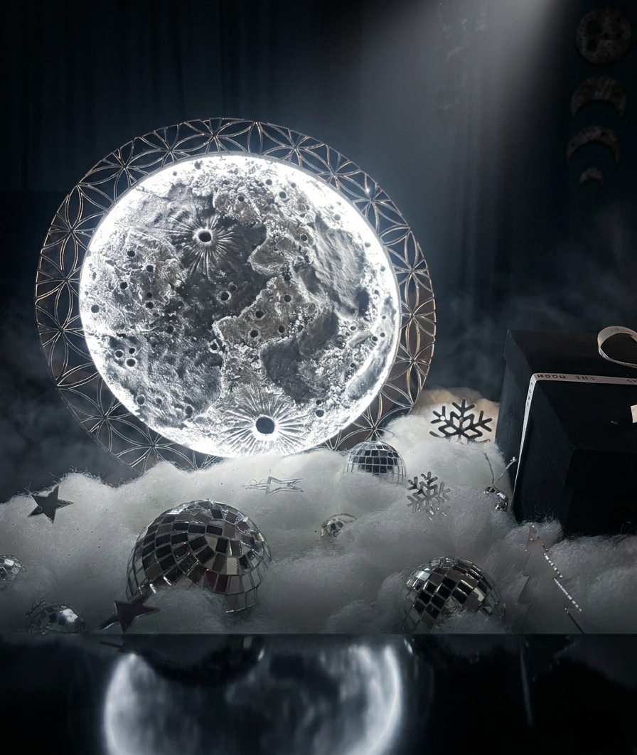 Mosaic Moon – Handcrafted Celestial Lamp (Disco & Flower of Life Editions, 35cm/70cm)