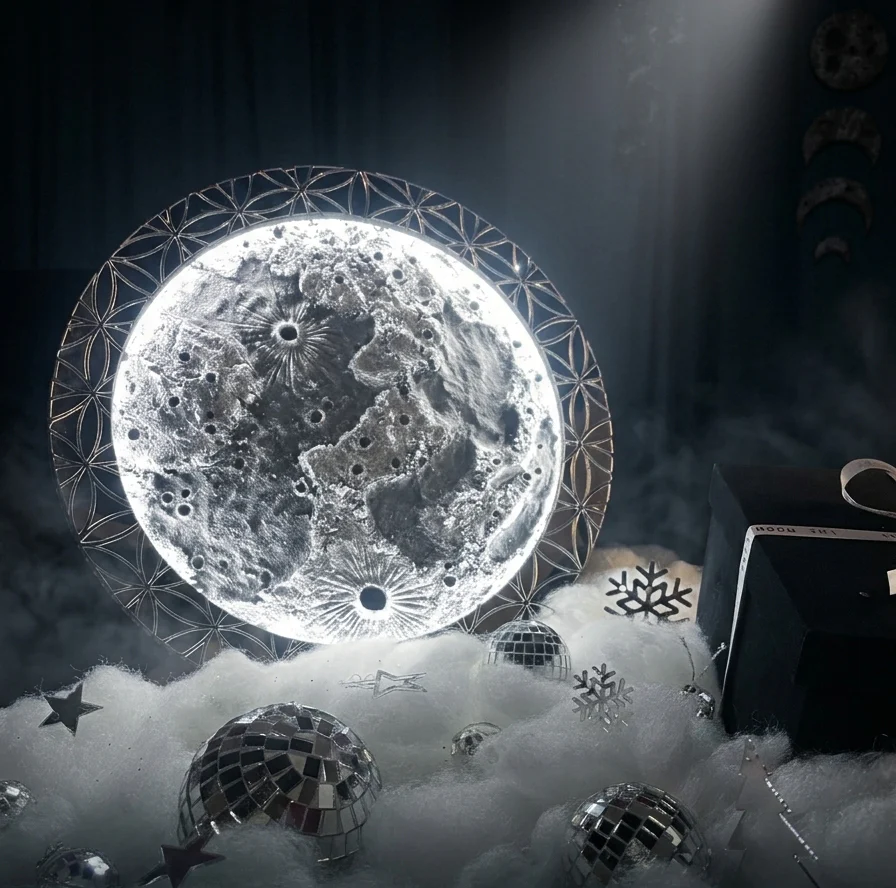 Mosaic Moon – Handcrafted Celestial Lamp (Disco & Flower of Life Editions, 35cm/70cm)